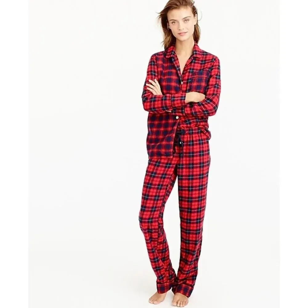 J. Crew Flannel Pajama Top Red Mixed Plaid F8383 Size XS